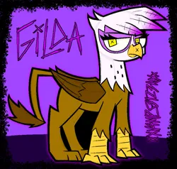 Size: 811x772 | Tagged: safe, artist:xxv4mp_g4z3rxx, derpibooru import, gilda, gryphon, beak, claws, feather, female, folded wings, image, looking at you, png, signature, solo, text, wings, yellow eyes