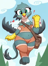 Size: 1522x2085 | Tagged: safe, artist:pabbley, derpibooru import, gabby, gryphon, semi-anthro, bag, belly button, clothes, cute, exclamation point, female, flying, gabbybetes, heart, image, jpeg, leg warmers, letter, looking at you, mail, mailbag, open mouth, open smile, short shirt, shorts, smiling, smiling at you, solo, wide hips