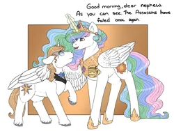 Size: 1280x960 | Tagged: safe, artist:binibean, derpibooru import, prince blueblood, princess celestia, alicorn, pony, unicorn, attempted murder, coffee mug, dialogue, duo, female, image, levitation, magic, male, mare, mug, one wing out, png, stallion, telekinesis, wings