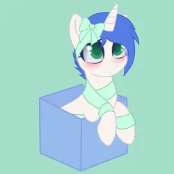 Size: 4000x4000 | Tagged: safe, artist:theriyelp, derpibooru import, oc, oc:shifting gear, pony, unicorn, blushing, bow, box, commission, image, png, pony in a box, present, solo, ych result, your character here