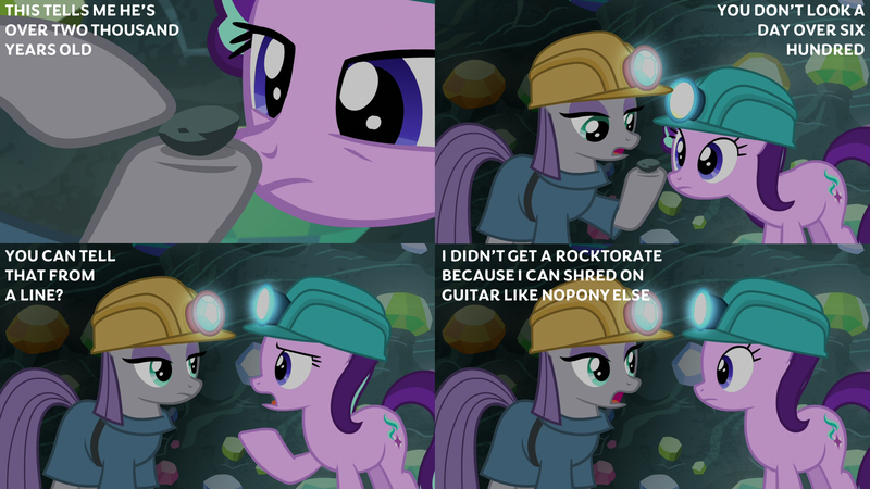 Size: 2001x1125 | Tagged: safe, derpibooru import, edit, edited screencap, editor:quoterific, screencap, boulder (pet), maud pie, starlight glimmer, earth pony, pony, unicorn, rock solid friendship, helmet, image, mining helmet, png