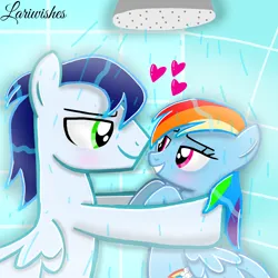 Size: 1300x1300 | Tagged: suggestive, artist:mlplary6, derpibooru import, rainbow dash, soarin', pegasus, pony, blushing, female, heart, image, looking at each other, looking at someone, male, mare, png, shipping, shower, showering, smiling, smiling at each other, soarindash, stallion, straight, wet, wet mane