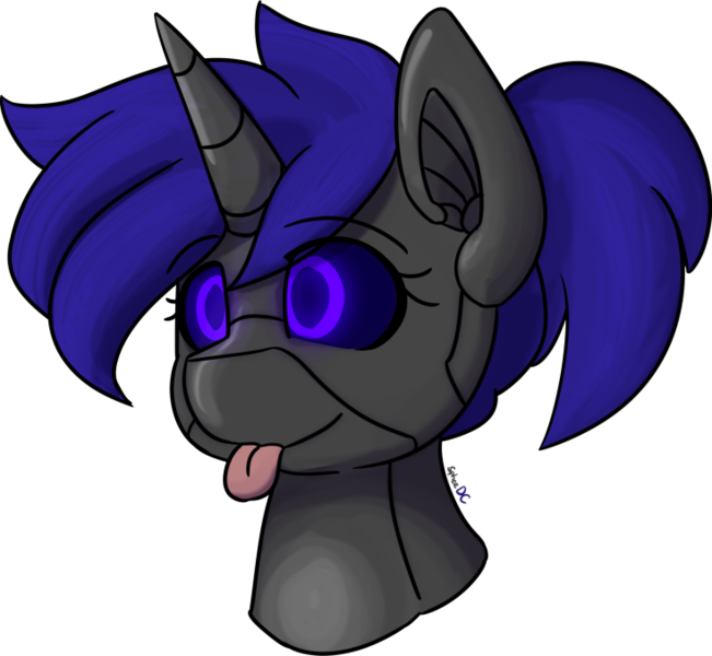 Size: 735x677 | Tagged: safe, artist:spheedc, oc, unofficial characters only, pony, robot, robot pony, unicorn, :p, black sclera, blue eyes, bust, female, image, mare, png, portrait, signature, simple background, solo, tongue out, transparent background