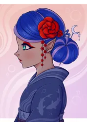 Size: 1425x2000 | Tagged: safe, artist:tanatos, derpibooru import, princess luna, fish, human, koi, abstract background, anime, clothes, cutie mark accessory, elf ears, eyeliner, eyeshadow, flower, flower in hair, hair bun, hairpin, humanized, image, jpeg, kimono (clothing), lipstick, makeup, simple background, sparkles