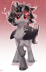 Size: 2000x3100 | Tagged: safe, artist:hakaina, derpibooru import, oc, oc:bezou, unofficial characters only, demon, demon pony, original species, bat wings, curious, image, png, simple background, wings