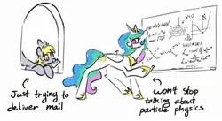 Size: 2207x1206 | Tagged: safe, artist:adamscage, derpibooru import, derpy hooves, princess celestia, alicorn, pegasus, pony, duo, female, hoof hold, image, jpeg, letter, mare, mouth hold, simple background, text, white background, whiteboard