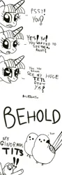 Size: 367x1033 | Tagged: safe, artist:tigerbeetle, derpibooru import, twilight sparkle, alicorn, bird, pony, tit (bird), comic, derpibooru exclusive, exclamation point, female, image, long-tailed tit, mare, monochrome, png, question mark, simple background, talking to viewer, white background, wordplay