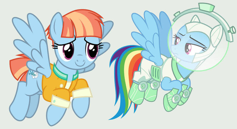 Size: 1209x661 | Tagged: safe, artist:guihercharly, derpibooru import, edit, vector edit, rainbow dash, windy whistles, pegasus, pony, parental glideance, scare master, astrodash, astronaut, clothes, costume, duo, duo female, female, flying, frown, gray background, image, jpeg, mare, mother and child, mother and daughter, simple background, smiling, space helmet, spread wings, vector, wings