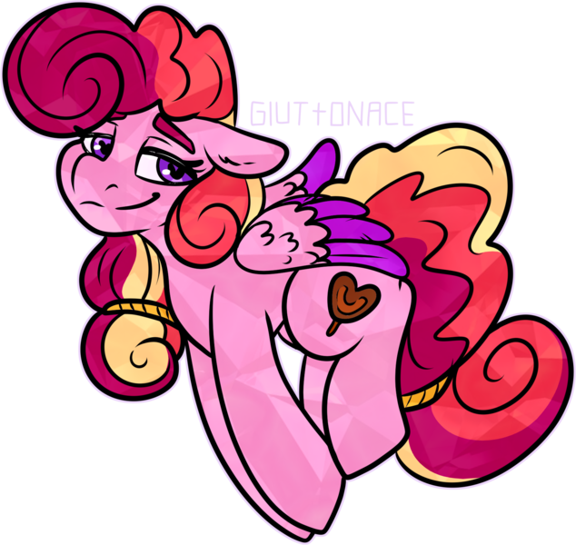 Size: 1682x1592 | Tagged: safe, artist:sexygoatgod, derpibooru import, oc, oc:chocolate sweetheart, unofficial characters only, crystal pony, pegasus, adoptable, crack ship offspring, crystal pegasus, female, image, magical lesbian spawn, offspring, parent:pinkie pie, parent:princess cadance, parents:cadancepie, pegasus oc, png, simple background, transparent background, wings