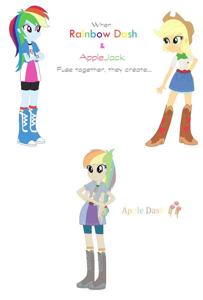 Size: 804x1188 | Tagged: safe, artist:goupix-flocon, derpibooru import, applejack, rainbow dash, belt buckle, boots, brown eyes, clothes, fusion, high heel boots, image, jacket, multicolored hair, multiple arms, png, rainbow hair, rubber band, shoes