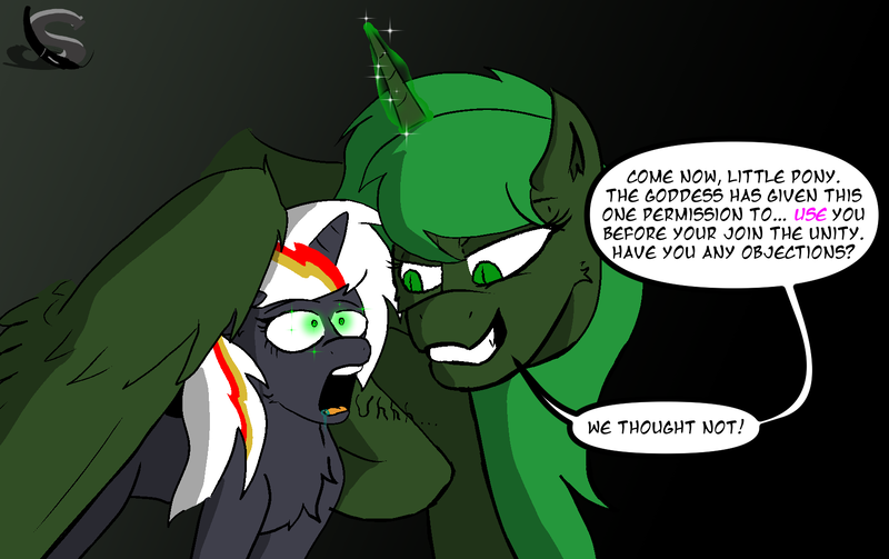 Size: 1690x1063 | Tagged: suggestive, artist:steelstroke, derpibooru import, oc, oc:velvet remedy, unofficial characters only, alicorn, pony, unicorn, fallout equestria, artificial alicorn, blank eyes, dialogue, green alicorn (fo:e), hypnosis, image, mind control, open mouth, png, shrunken pupils, speech bubble, this will end in rape