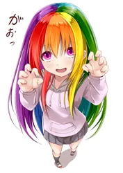 Size: 566x800 | Tagged: safe, artist:cz, derpibooru import, rainbow dash, human, anime style, clothes, colored, humanized, image, japanese, jpeg, looking at you, moon runes, open mouth, shoes, simple background, skirt, socks, solo, white background