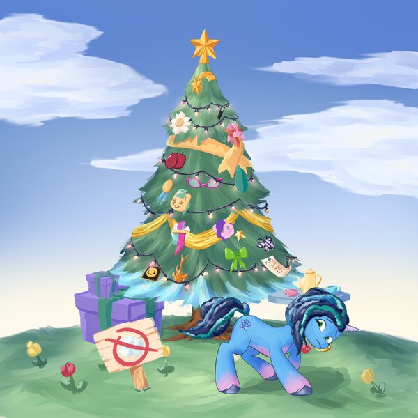 Size: 4096x4096 | Tagged: safe, artist:felldeal, derpibooru import, pony, unicorn, series:daily drawing december, g5, christmas, christmas tree, holiday, image, jpeg, misty brightdawn, tree