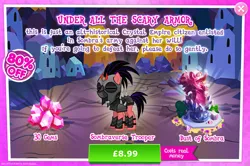 Size: 1958x1297 | Tagged: safe, derpibooru import, king sombra, unnamed character, unnamed pony, crystal pony, pony, advertisement, alternate timeline, armor, bush, bust, costs real money, crystal, crystal war timeline, dialogue, female, gameloft, gem, helmet, image, jpeg, mind control, mobile game, my little pony: magic princess, numbers, sale, soldier, solo, solo focus, sombra soldier, sombraverse, spikes, text