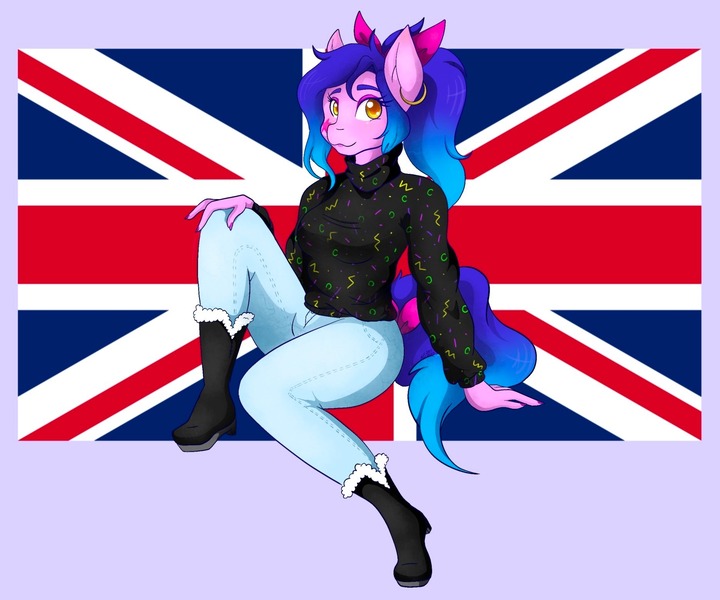 Size: 1870x1559 | Tagged: safe, artist:mscolorsplash, derpibooru import, oc, unofficial characters only, anthro, earth pony, plantigrade anthro, pony, boots, clothes, commission, denim, ear piercing, earring, female, hooped earrings, image, jeans, jewelry, jpeg, looking at you, mare, pants, piercing, shoes, smiling, smiling at you, solo, sweater, union jack