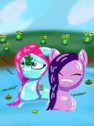 Size: 1536x2048 | Tagged: safe, artist:the crystal artist, derpibooru import, pipp petals, earth pony, frog, pegasus, pony, adorapipp, confused, cute, derpibooru exclusive, dialogue, duo, eyes closed, frogs, g5, image, jazz (g5), jazzibetes, lineless, missing accessory, png, shading, silly, snickering, text, water, wet, wet mane
