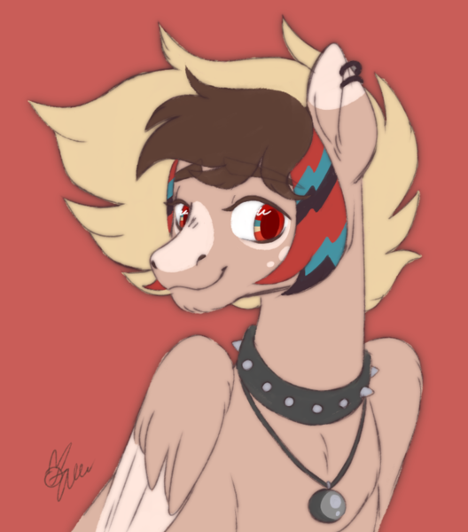 Size: 736x837 | Tagged: safe, artist:polymercorgi, derpibooru import, oc, pegasus, pony, bust, choker, image, male, png, portrait, red background, simple background, solo, spiked choker, stallion