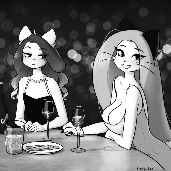 Size: 2480x2480 | Tagged: safe, artist:katputze, derpibooru import, oc, oc:crimson sunset, unofficial characters only, abyssinian, anthro, unicorn, abyssinian oc, alcohol, big breasts, black and white, blushing, breasts, champagne, champagne glass, cleavage, clothes, dress, drink, duo, duo female, eye clipping through hair, eyebrows, eyebrows visible through hair, eyes on the prize, female, glass, grayscale, grin, huge breasts, image, jewelry, jpeg, looking at you, monochrome, necklace, signature, small breasts, smiling, smiling at you, wine, wine glass