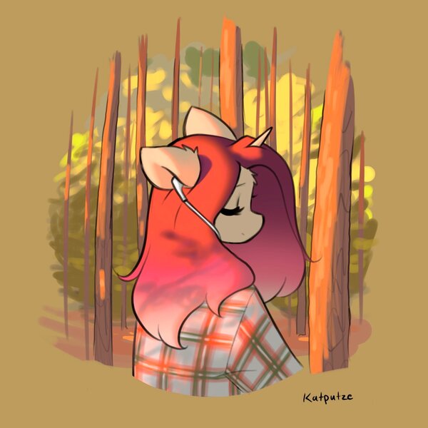 Size: 2048x2048 | Tagged: safe, artist:katputze, derpibooru import, oc, oc:crimson sunset, unofficial characters only, anthro, pony, unicorn, clothes, earbuds, eyes closed, female, forest, image, jpeg, mare, plaid shirt, shirt, signature, solo, tree