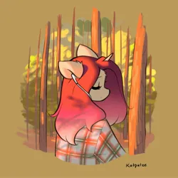 Size: 2048x2048 | Tagged: safe, artist:katputze, derpibooru import, oc, oc:crimson sunset, unofficial characters only, anthro, pony, unicorn, clothes, earbuds, eyes closed, female, forest, image, jpeg, mare, plaid shirt, shirt, signature, solo, tree