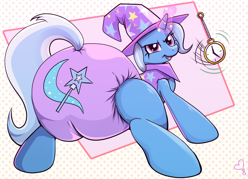 Size: 3639x2632 | Tagged: questionable, artist:softballoonpony, derpibooru import, trixie, pony, unicorn, butt, cape, clothes, diaper, diaper fetish, female, fetish, hat, image, looking back, mare, png, poofy diaper, raised tail, solo, tail, trixie's cape, trixie's hat, watch