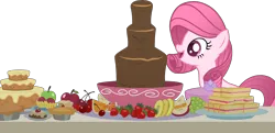Size: 3040x1468 | Tagged: safe, artist:princess lily brush, artist:tanahgrogot, derpibooru import, oc, oc:annisa trihapsari, unofficial characters only, earth pony, pony, apple, base used, cake, cherry, chocolate fountain, cute, earth pony oc, female, food, grapes, happy, image, mare, medibang paint, not pinkie pie, not rarity, ocbetes, open mouth, open smile, orange, pie, pineapple, png, sandwich, simple background, smiling, solo, strawberry, transparent background