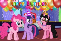 Size: 3000x2000 | Tagged: safe, artist:andoanimalia, artist:creaciones-jean, artist:deyrasd, artist:estories, artist:melisareb, artist:user15432, derpibooru import, pinkie pie, twilight sparkle, twilight sparkle (alicorn), oc, oc:aaliyah, alicorn, earth pony, pony, aaliyah, amulet, balloon, birthday, birthday cake, birthday party, cake, candle, crown, food, glasses, happy birthday, hat, image, jewelry, necklace, party, party hat, png, regalia, smiling, twilight's castle