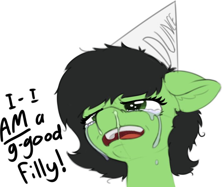 Size: 1695x1431 | Tagged: safe, artist:smoldix, ponerpics import, oc, oc:anonfilly, unofficial characters only, pony, crying, dunce hat, ear fluff, female, filly, hat, image, jpeg, mare, sad, simple background, solo, white background