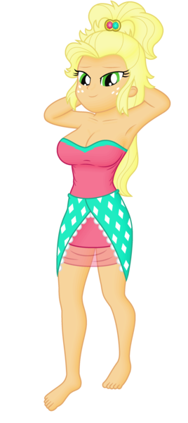 Size: 1700x3800 | Tagged: safe, derpibooru import, edit, editor:ah96, applejack, human, equestria girls, alternate hairstyle, applejewel, arm behind head, barefoot, breast edit, breasts, busty applejack, cleavage, clothes, dress, feet, female, image, ms paint, png, simple background, solo, transparent background