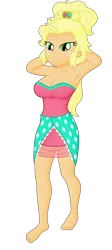 Size: 1700x3800 | Tagged: safe, derpibooru import, edit, editor:ah96, applejack, human, equestria girls, alternate hairstyle, applejewel, arm behind head, barefoot, breast edit, breasts, busty applejack, cleavage, clothes, dress, feet, female, image, ms paint, png, simple background, solo, transparent background