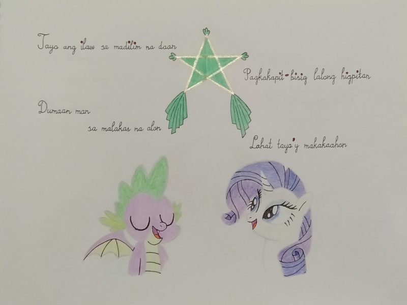 Size: 4160x3120 | Tagged: safe, artist:don2602, derpibooru import, rarity, spike, dragon, pony, unicorn, comic:star of christmas, abs cbn all star, eyes closed, filipino, image, jpeg, lantern, looking up, singing, song reference, traditional art, translated in the description