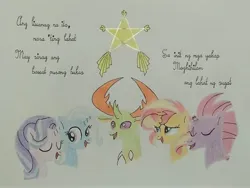 Size: 4160x3120 | Tagged: safe, artist:don2602, derpibooru import, starlight glimmer, sunset shimmer, tempest shadow, thorax, trixie, changedling, changeling, pony, unicorn, comic:star of christmas, abs cbn all star, eyes closed, filipino, image, jpeg, king thorax, lantern, looking at each other, looking at someone, looking up, singing, song reference, traditional art, translated in the description