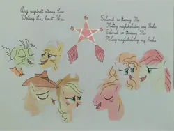 Size: 4160x3120 | Tagged: safe, artist:don2602, derpibooru import, applejack, big macintosh, braeburn, bright mac, grand pear, granny smith, pear butter, earth pony, pony, comic:star of christmas, abs cbn all star, cowboy hat, eyes closed, filipino, hat, image, jpeg, lantern, looking at each other, looking at someone, looking up, shawl, singing, song reference, traditional art, translated in the description