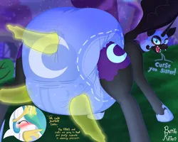 Size: 2146x1717 | Tagged: suggestive, artist:burritokitten, derpibooru import, nightmare moon, princess celestia, princess luna, diaper, diaper fetish, fetish, image, looking back, magic, nightmare night, png, poofy diaper, telekinesis