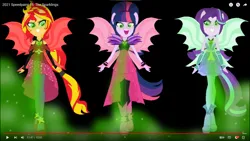 Size: 1920x1080 | Tagged: safe, artist:krystal-red-squirrel, derpibooru import, screencap, adagio dazzle, aria blaze, sonata dusk, starlight glimmer, sunset shimmer, twilight sparkle, equestria girls, alternate clothes, alternate hairstyle, base used, black background, female, females only, fin wings, fins, fog, gem, glow, glowing eyes, image, png, pony ears, ponytail, simple background, siren gem, the dazzlings, trio, trio female, wings, youtube