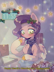 Size: 2048x2732 | Tagged: safe, artist:pierogarts, derpibooru import, pipp petals, pegasus, pony, blushing, chocolate, clock, clothes, computer mouse, cookie, cup, female, food, g5, headband, hearts warming day, holly, hot chocolate, image, jpeg, mare, mousepad, purse, scarf, smiling, solo, stars