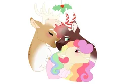 Size: 1280x854 | Tagged: safe, artist:itstechtock, derpibooru import, oc, oc:holly jolly jubilee, oc:sugary sweet, oc:sweater weather, unofficial characters only, deer, pony, reindeer, holly, holly mistaken for mistletoe, image, jpeg, simple background, white background