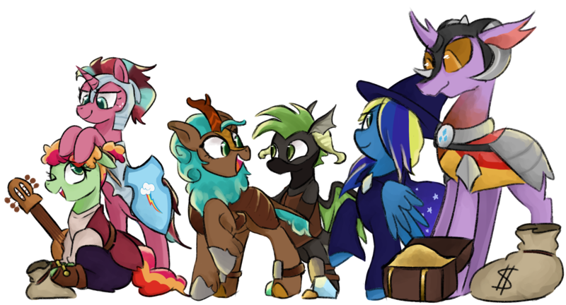 Size: 2000x1080 | Tagged: safe, artist:metaruscarlet, derpibooru import, oc, oc:cocoa berry, oc:halcyon halfnote, oc:larynx (changeling), oc:lobelya, oc:wild goosechase, unnamed oc, unofficial characters only, changedling, changeling, dragon, earth pony, kirin, pegasus, pony, unicorn, derpibooru community collaboration, 2023 community collab, acoustic guitar, armor, bag, bandage, bandana, belt, boots, changedling oc, changeling oc, clothes, coin, dragon oc, dungeons and dragons, fantasy class, female, freckles, grin, guitar, hair over one eye, hat, helmet, hoof shoes, image, kirin oc, looking at each other, looking at someone, lute, male, mare, mask, money bag, multicolored hair, musical instrument, non-pony oc, nonbinary, one eye closed, pants, pen and paper rpg, png, raised hoof, robe, rpg, shield, shirt, shoes, simple background, sitting, smiling, stallion, transparent background, treasure chest, vest, wall of tags, wink, witch hat