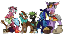 Size: 2000x1080 | Tagged: safe, artist:metaruscarlet, derpibooru import, oc, oc:cocoa berry, oc:halcyon halfnote, oc:larynx (changeling), oc:lobelya, oc:wild goosechase, unnamed oc, unofficial characters only, changedling, changeling, dragon, earth pony, kirin, pegasus, pony, unicorn, derpibooru community collaboration, 2023 community collab, acoustic guitar, armor, bag, bandage, bandana, belt, boots, changedling oc, changeling oc, clothes, coin, dragon oc, dungeons and dragons, fantasy class, female, freckles, grin, guitar, hair over one eye, hat, helmet, hoof shoes, image, kirin oc, looking at each other, looking at someone, lute, male, mare, mask, money bag, multicolored hair, musical instrument, non-pony oc, nonbinary, one eye closed, pants, pen and paper rpg, png, raised hoof, robe, rpg, shield, shirt, shoes, simple background, sitting, smiling, stallion, transparent background, treasure chest, vest, wall of tags, wink, witch hat
