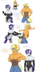 Size: 2048x4144 | Tagged: suggestive, artist:shallowwin, derpibooru import, applejack, rarity, anthro, earth pony, pony, unicorn, beautiful, big breasts, breasts, canon, canon ship, choker, clothes, corset, denim, dialogue, elusive, fishnets, gay, image, jeans, jewelry, male, muscles, necklace, nipples, nudity, package, pants, pecs, png, rule 63, simple background, stallion, style, underwear, white background
