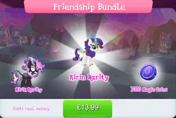 Size: 1270x854 | Tagged: safe, derpibooru import, official, rarity, kirin, nirik, bundle, cloven hooves, costs real money, duality, english, fangs, female, fire, gameloft, horn, image, jpeg, kirin rarity, kirinified, magic coins, mane of fire, mobile game, my little pony: magic princess, numbers, sale, solo, solo focus, species swap, text