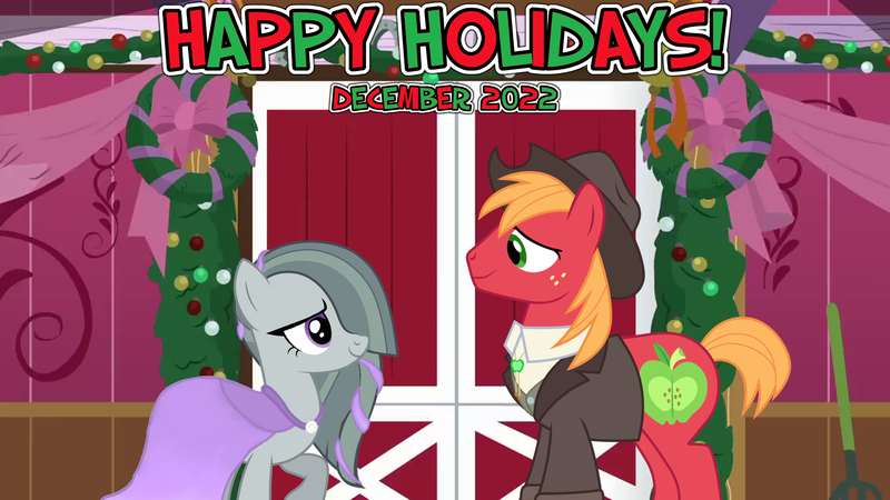 Size: 2064x1161 | Tagged: safe, artist:cartoonlover826, artist:not-yet-a-brony, artist:sonofaskywalker, derpibooru import, big macintosh, marble pie, earth pony, pony, 2022, applejack's barn, bittersweet, christmas, december, female, friends, friendship, happy holidays, hearth's warming, heartwarming, holiday, honorary cousin, i wish you love, image, implied sugarmac, just friends, looking at each other, looking at someone, lyrics in the description, male, mare, party, platonic, png, ship sinking, smiling, smiling at each other, song reference, stallion, youtube link in the description