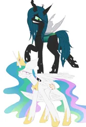 Size: 1700x2500 | Tagged: safe, artist:anastas, derpibooru import, princess celestia, queen chrysalis, alicorn, changeling, changeling queen, pony, angry, cross-popping veins, emanata, female, floppy ears, flowing mane, g4, image, png, simple background, smiling, standing, standing on two hooves, sternocleidomastoid, white background