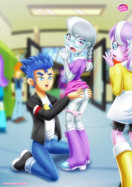 Size: 850x1201 | Tagged: questionable, artist:bbmbbf, diamond tiara, flash sentry, silver spoon, human, equestria untamed, equestria girls, ass, butt, butt touch, canterlot high, clothes, image, imminent sex, jpeg, palcomix, panties, panties around legs, panties pulled down, silverbutt, underwear