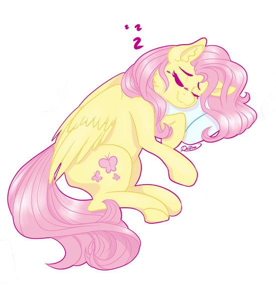 Size: 2161x2353 | Tagged: safe, artist:delfinaluther, derpibooru import, fluttershy, butterfly, insect, pegasus, pony, cutie mark, ear fluff, female, image, lying down, pillow, pink hair, png, simple background, sleeping, sleepy, smiling, solo, solo female, wings