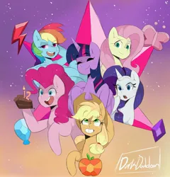 Size: 3024x3151 | Tagged: safe, artist:darkdoubloon, derpibooru import, applejack, fluttershy, pinkie pie, rainbow dash, rarity, twilight sparkle, twilight sparkle (alicorn), alicorn, earth pony, pegasus, pony, unicorn, applejack's hat, cake, cowboy hat, element of generosity, element of honesty, element of kindness, element of laughter, element of loyalty, element of magic, elements of harmony, female, food, freckles, hat, image, jpeg, mane six, mare, smiling, stars, stetson