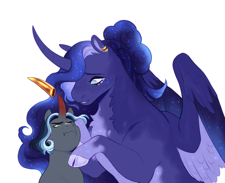 Size: 2152x1748 | Tagged: safe, artist:celeriven, derpibooru import, princess luna, oc, oc:cepheus, alicorn, pony, unicorn, curved horn, duo, horn, image, offspring, parent:king sombra, parent:princess luna, parents:lumbra, png, simple background, white background