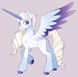 Size: 1428x1402 | Tagged: safe, artist:polymercorgi, derpibooru import, oc, oc:north wind, alicorn, pony, cloven hooves, colored wings, gradient wings, horn, image, long horn, male, multicolored wings, offspring, parent:feather bangs, parent:princess luna, png, raised hoof, simple background, slim, solo, stallion, two toned wings, wings