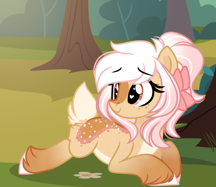 Size: 2903x2516 | Tagged: safe, artist:emberslament, derpibooru import, oc, oc:cinnamon rose, unofficial characters only, deer, deer pony, original species, bow, butt fluff, cute, female, forest, forest background, hair bow, heart, heart eyes, image, looking at something, looking back, ocbetes, png, solo, tail, tail fluff, tree, unshorn fetlocks, wingding eyes