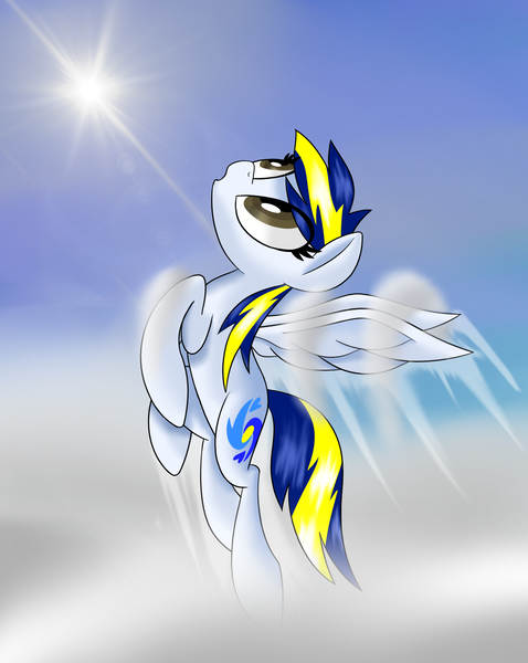 Size: 1691x2121 | Tagged: safe, artist:notadeliciouspotato, derpibooru import, oc, oc:huracata, unofficial characters only, pegasus, pony, cloud, contrail, female, flying, image, lens flare, mare, open mouth, png, solo, spread wings, wings